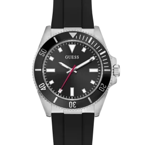 GUESS Mens Black Silver Tone Analog Watch