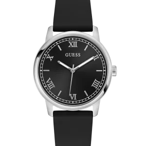 GUESS Mens Black Silver Tone Analog Watch