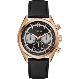 GUESS Mens Black Rose Gold Tone Multi-function Watch